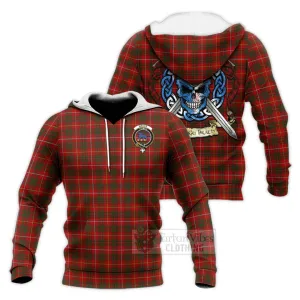 Bruce Tartan Knitted Hoodie with Family Crest Celtic Skull Style