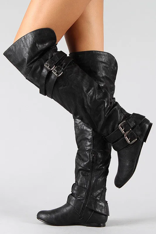 Buckle Slouchy Thigh High Flat Boot