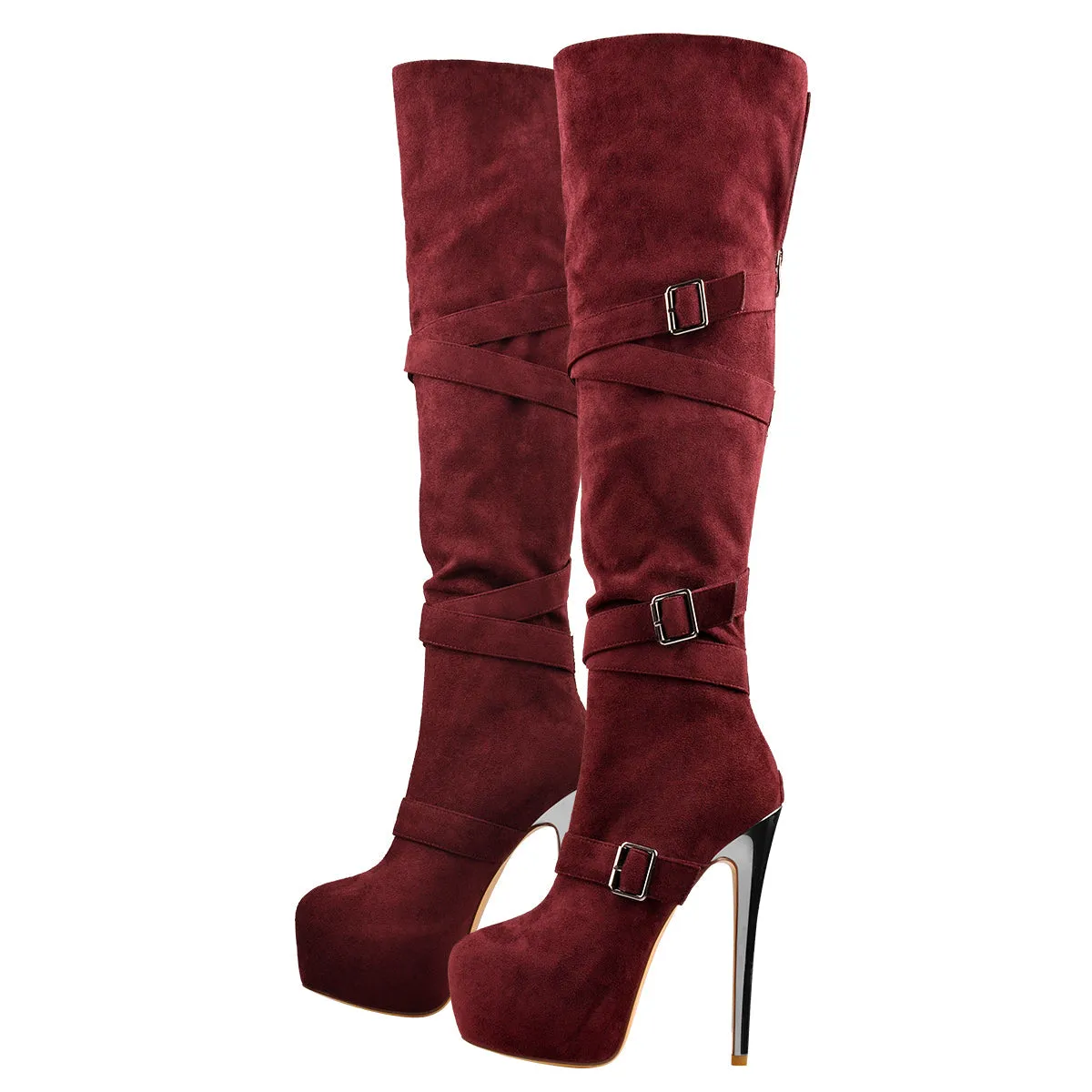 Burgundy Suede Platform Buckle Stiletto Over The Knee High Boots