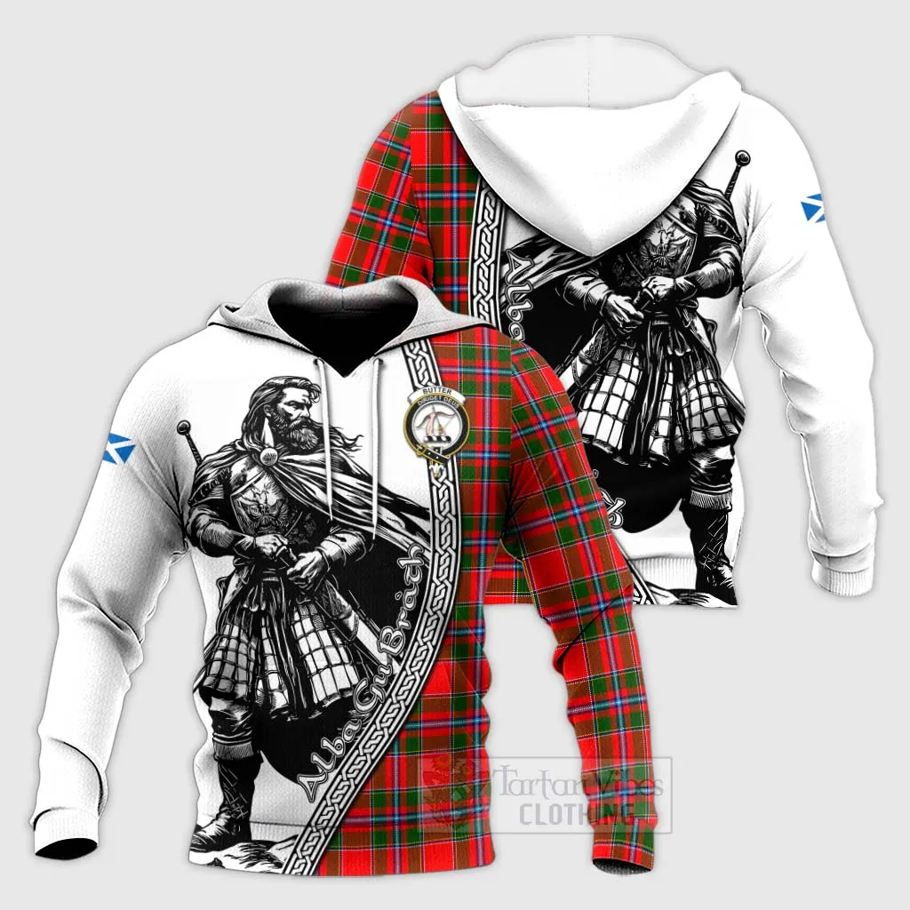 Butter Tartan Clan Crest Knitted Hoodie with Highlander Warrior Celtic Style