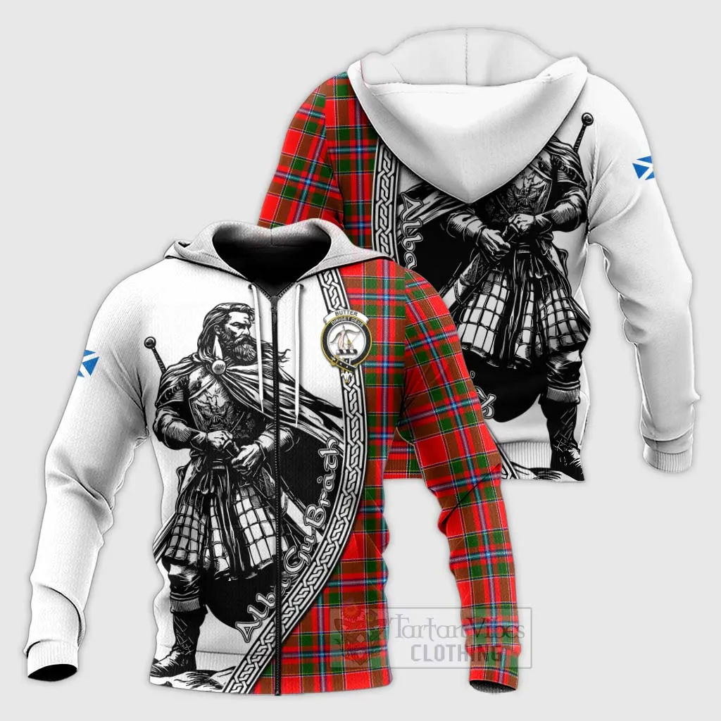 Butter Tartan Clan Crest Knitted Hoodie with Highlander Warrior Celtic Style