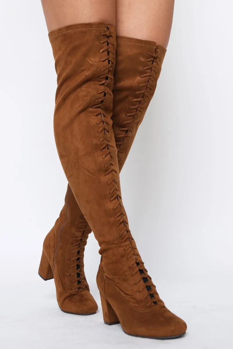 Camel Suede Front Lace Up Thigh High Boots - Nikita