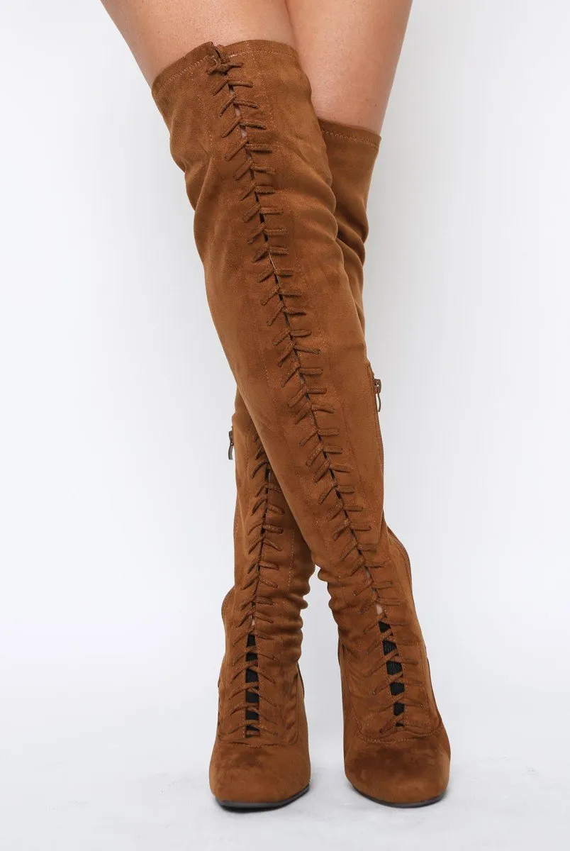 Camel Suede Front Lace Up Thigh High Boots - Nikita