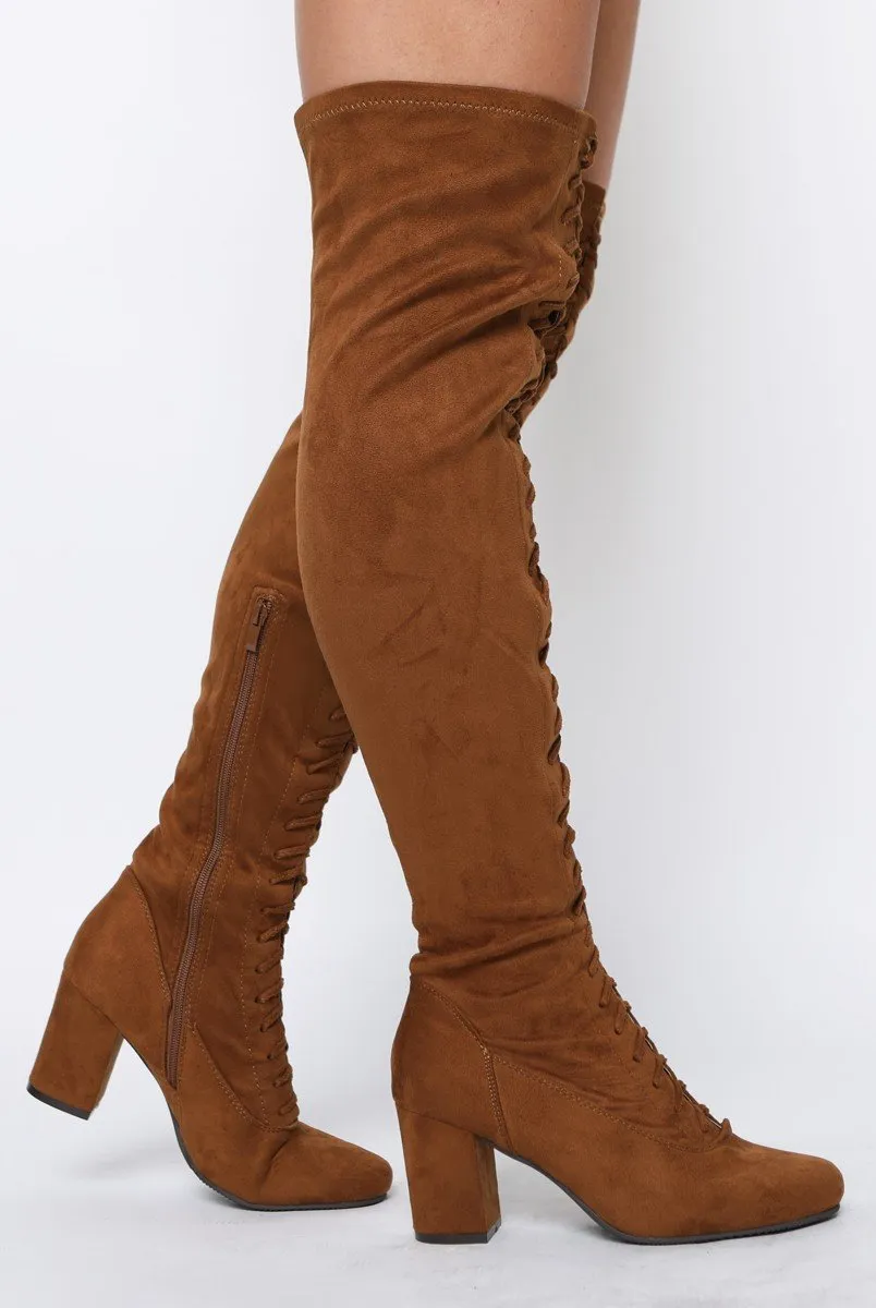 Camel Suede Front Lace Up Thigh High Boots - Nikita