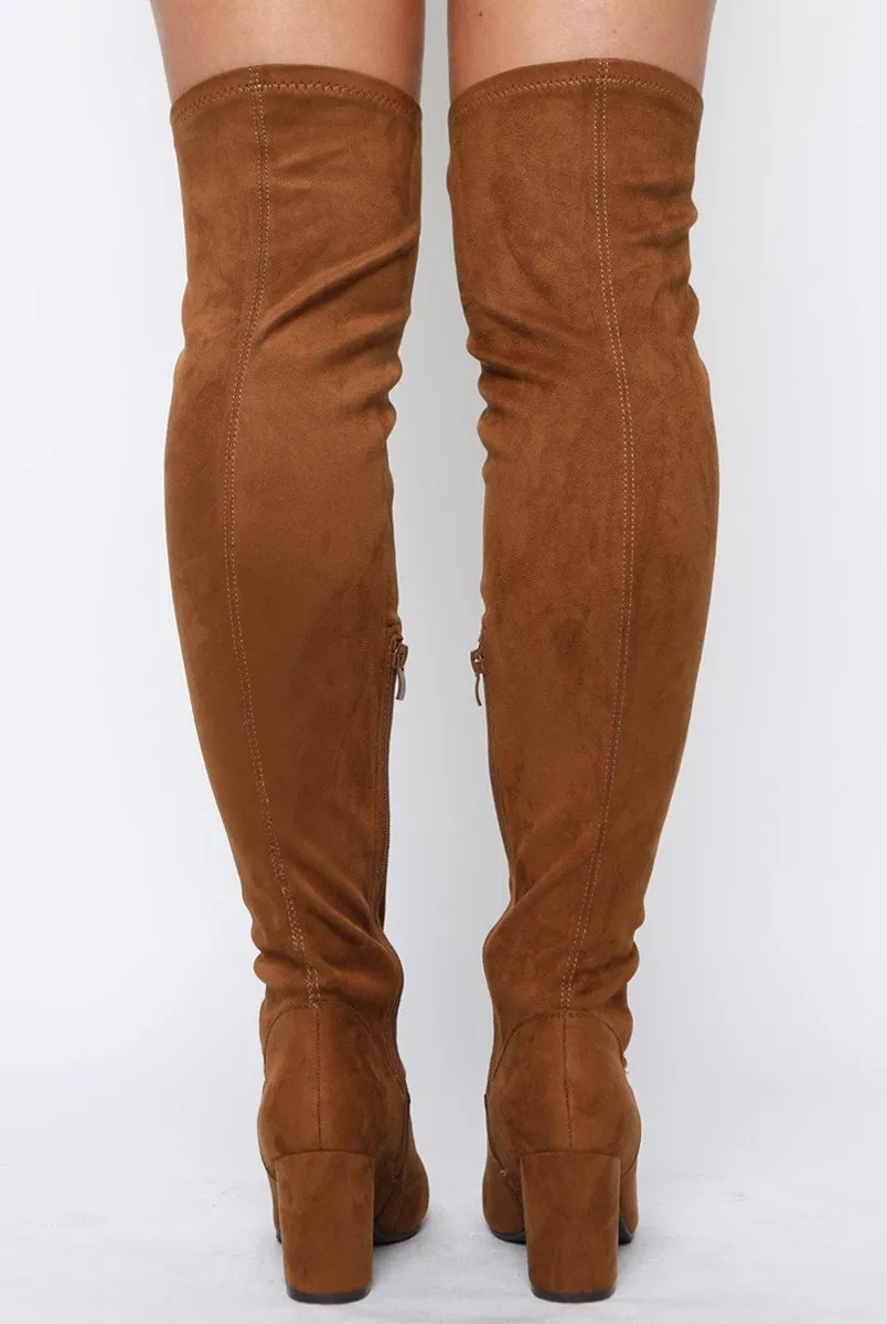 Camel Suede Front Lace Up Thigh High Boots - Nikita