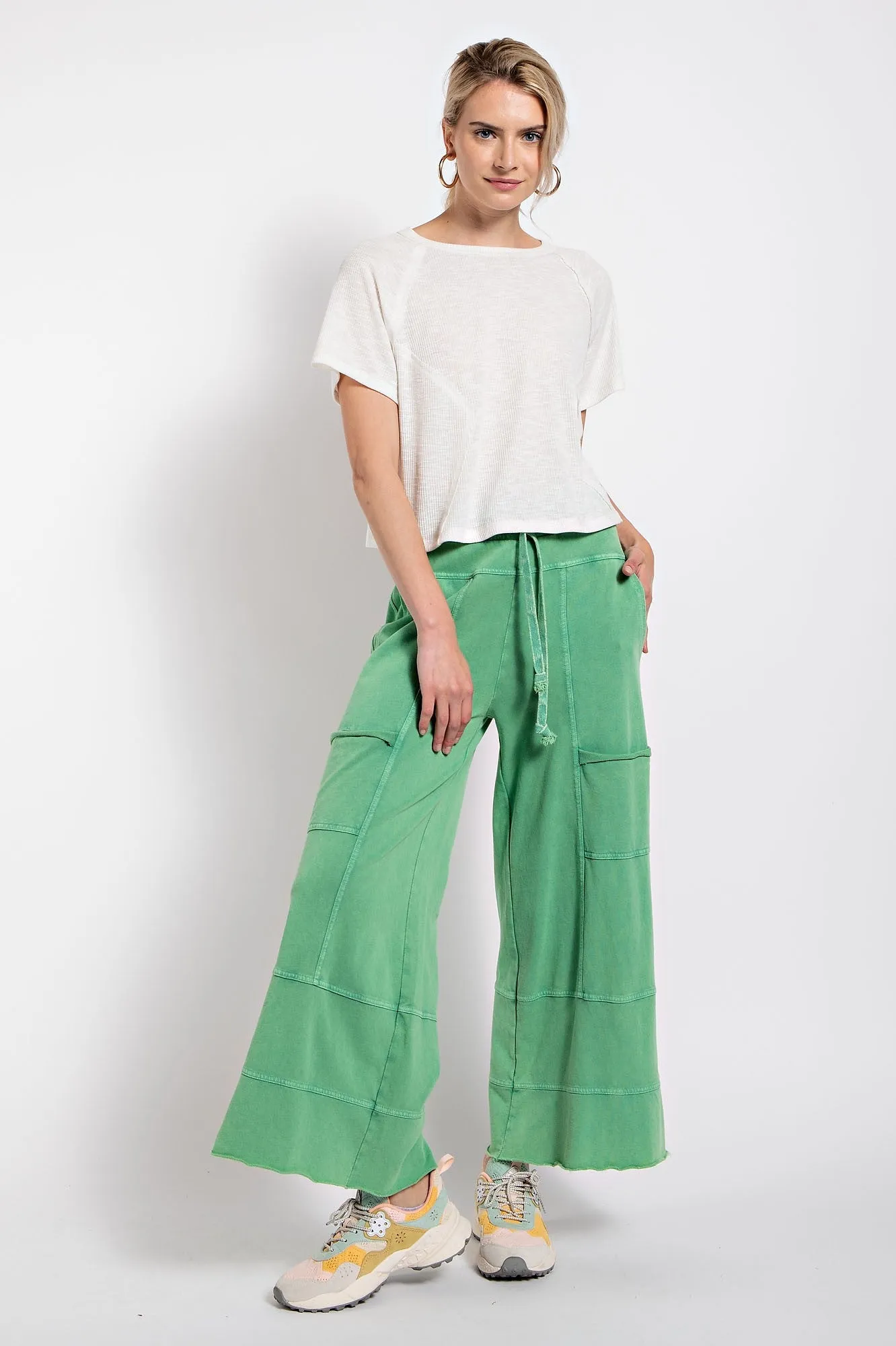 Easel Mineral Washed Terry Knit Pants in Evergreen ON ORDER