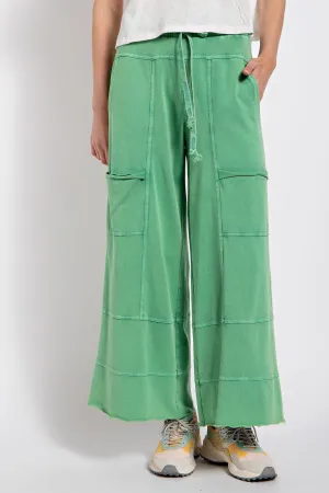 Easel Mineral Washed Terry Knit Pants in Evergreen ON ORDER