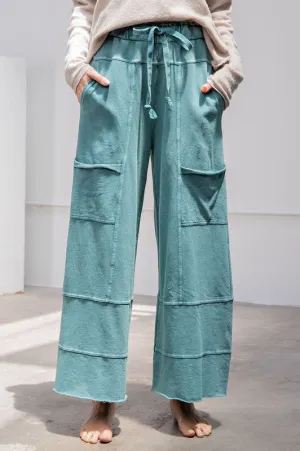 Easel Mineral Washed Terry Knit Pants in Teal Green