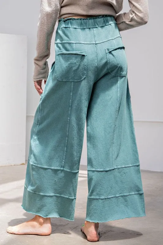 Easel Mineral Washed Terry Knit Pants in Teal Green