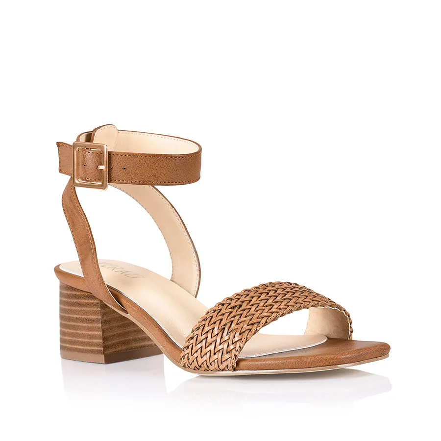 Elly Block Heel Sandals - Tan Weave