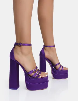 Enya Purple Satin Strappy Buckle Square Toe Platform Block Heels