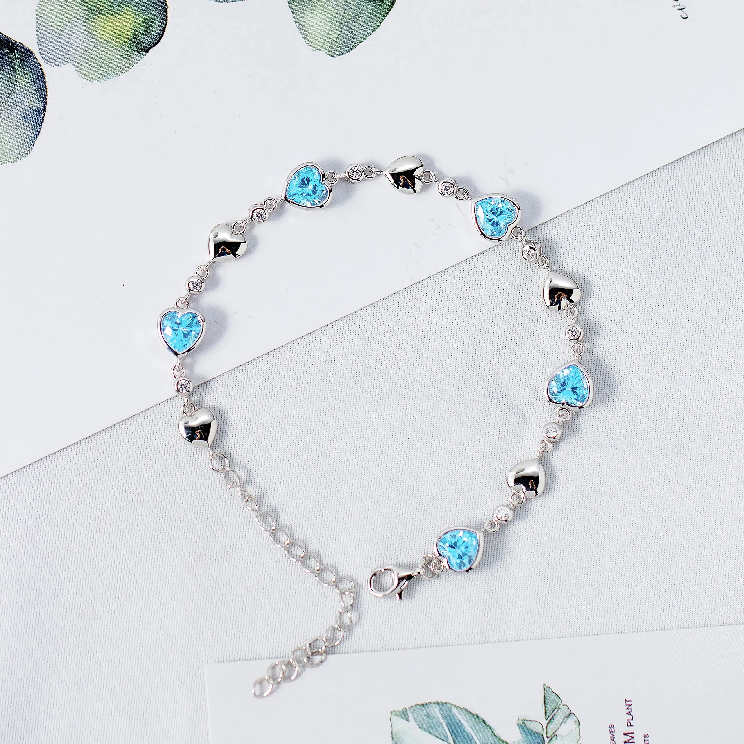 FANCIME Halo Heart March Birthstone Aquamarine Station Tennis Sterling Silver Bracelet