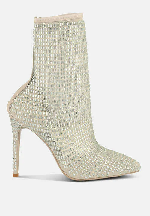 fortunate rhinestones embellished mesh boots