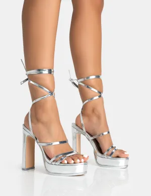 Gimme Gimme Silver PU Strappy Lace Up Block Heels