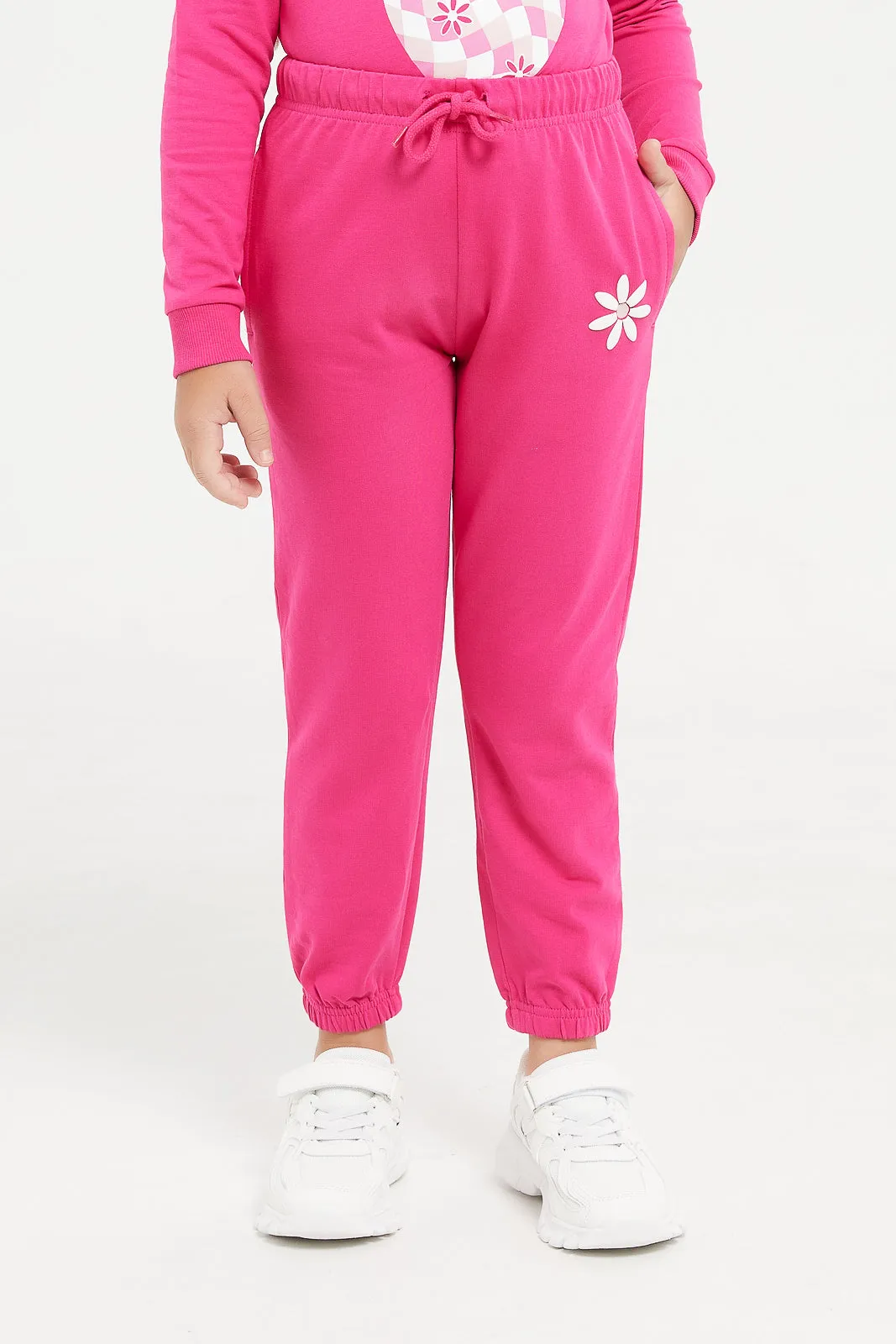 Girls Pink Embellished Print Track Pants