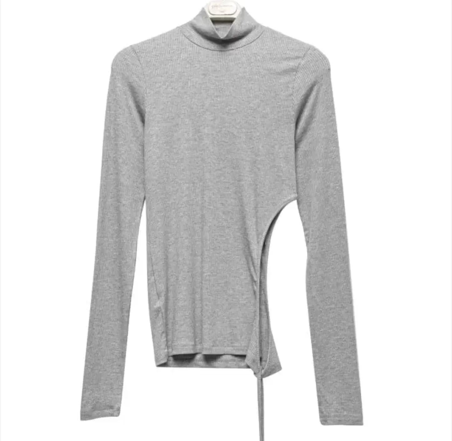 Gray Ribbed Tie Cut Out Turtle Neck