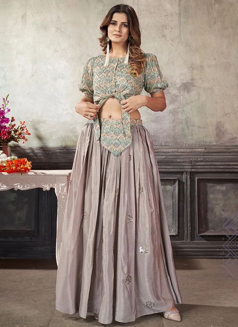 Green And Lilac Sequence Embroidery Traditional Flared Skirt And Top