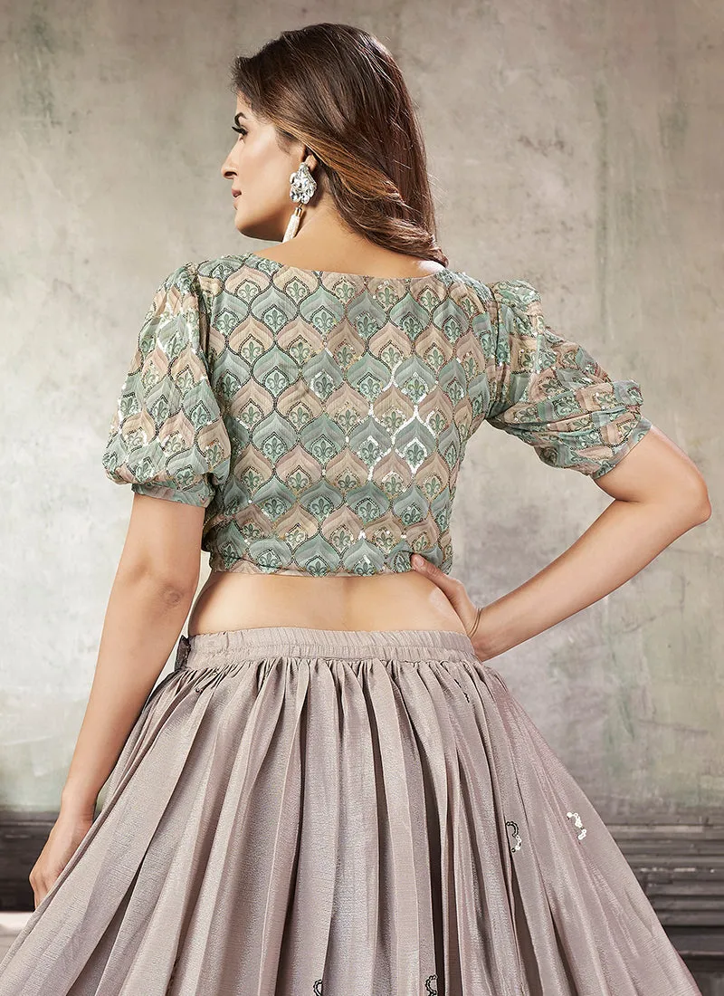 Green And Lilac Sequence Embroidery Traditional Flared Skirt And Top