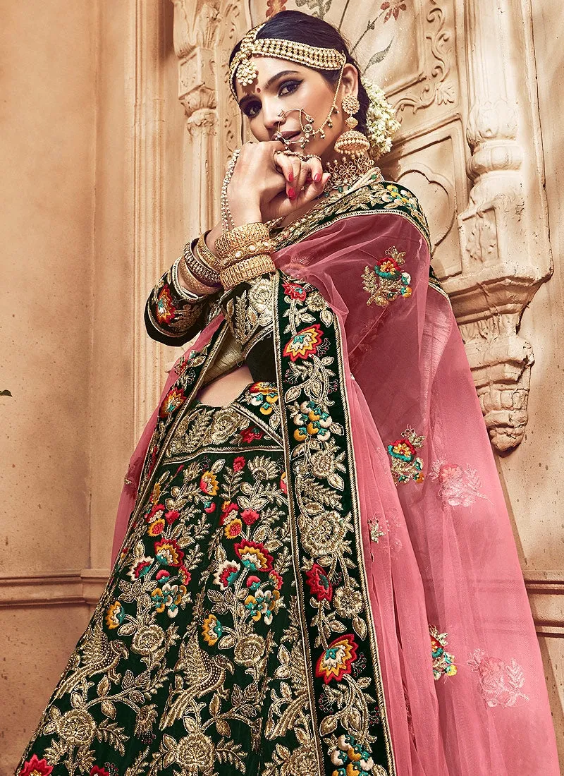 Green And Pink Velvet Hand Embroidered Lehenga Choli