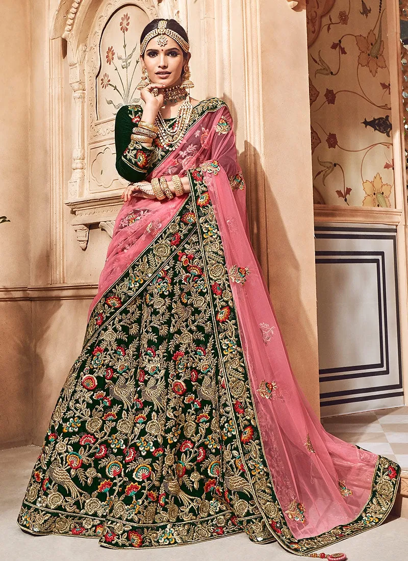 Green And Pink Velvet Hand Embroidered Lehenga Choli