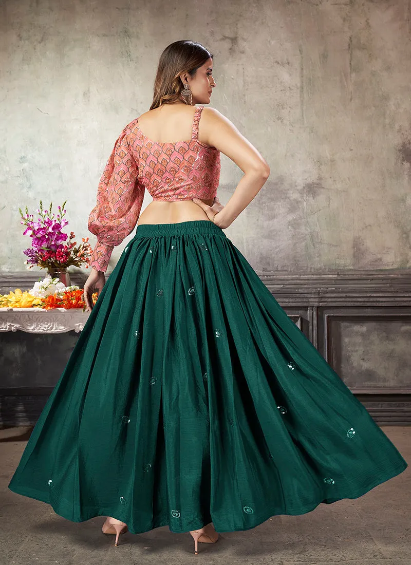 Green Sequence Embroidery Traditional Flared Skirt And Top