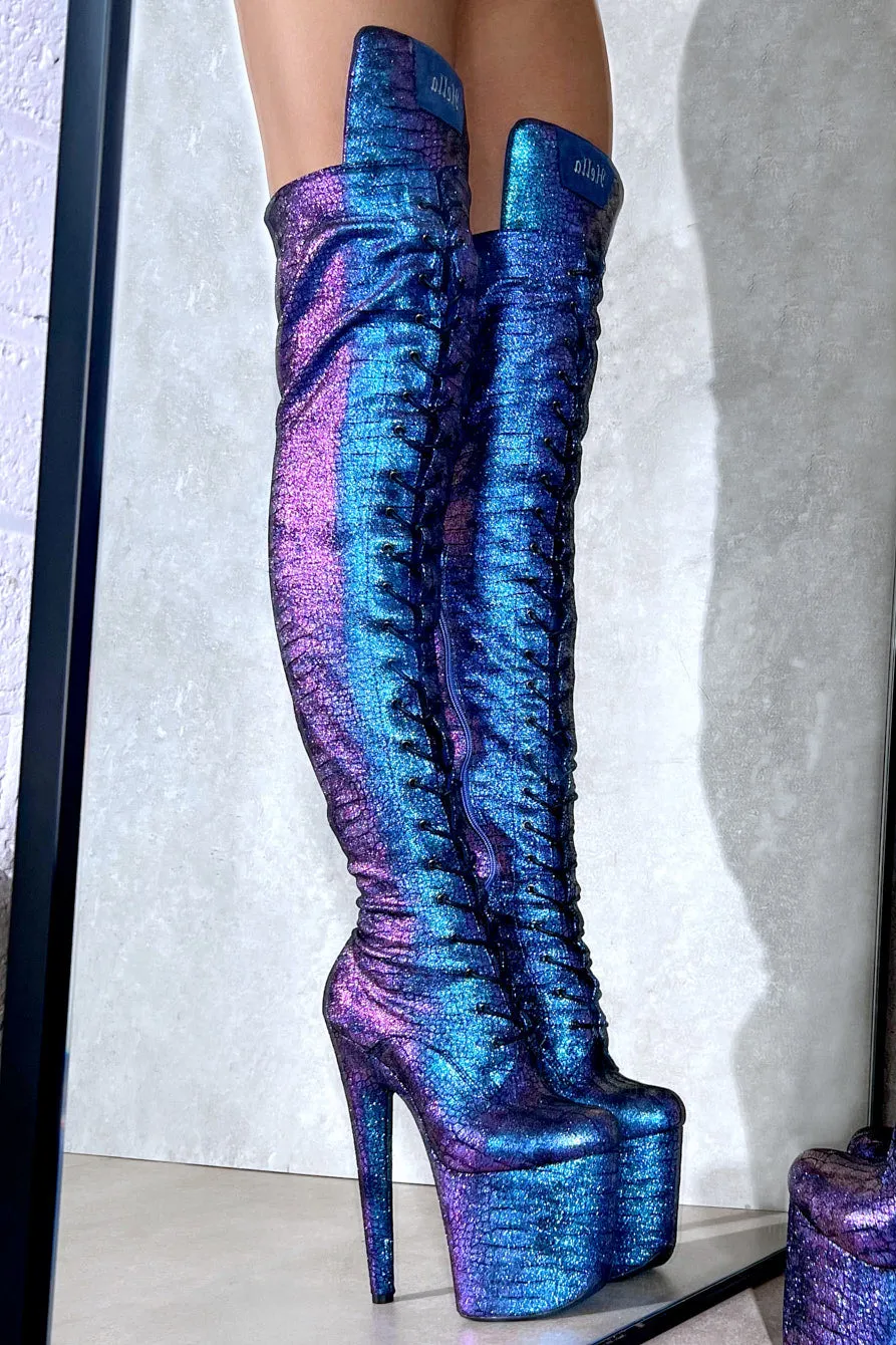 Hella Heels Mermaid Thigh High Front Lace 8inch Boots - Midnight