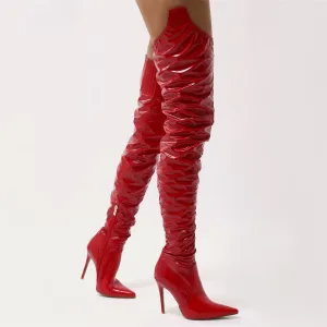 Houdini Extreme Thigh High Vinyl Boots in Red Patent