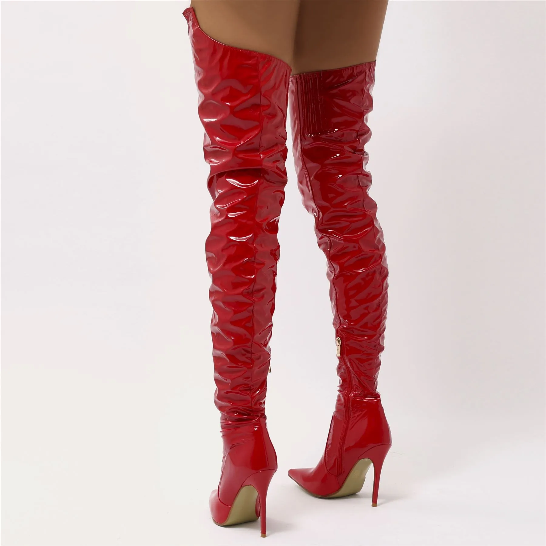 Houdini Extreme Thigh High Vinyl Boots in Red Patent