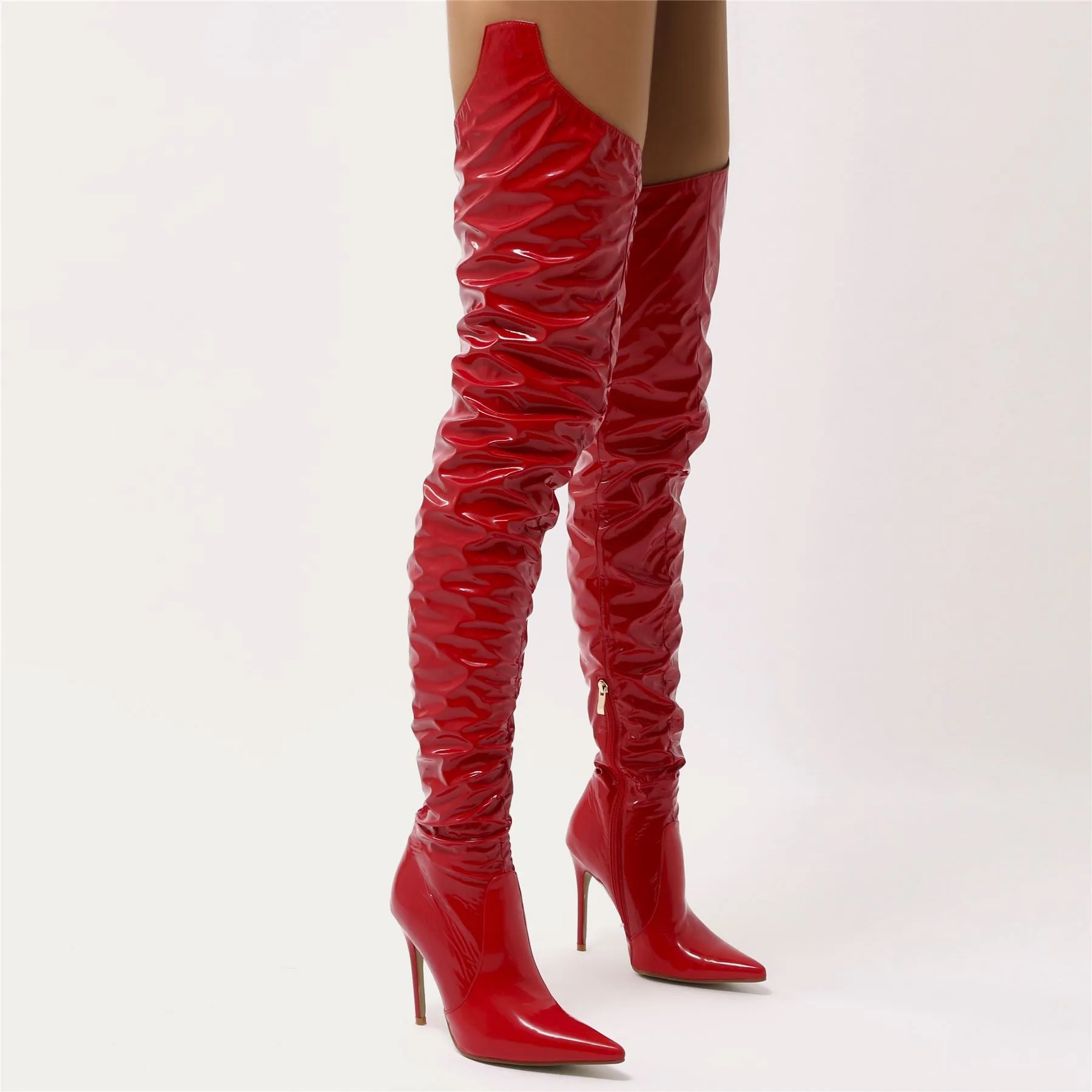 Houdini Extreme Thigh High Vinyl Boots in Red Patent