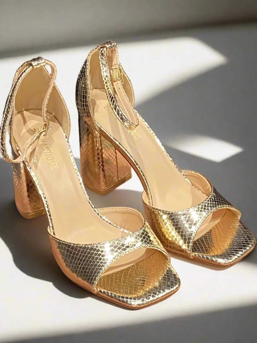 Inaya Shimmer Gold Block Heels