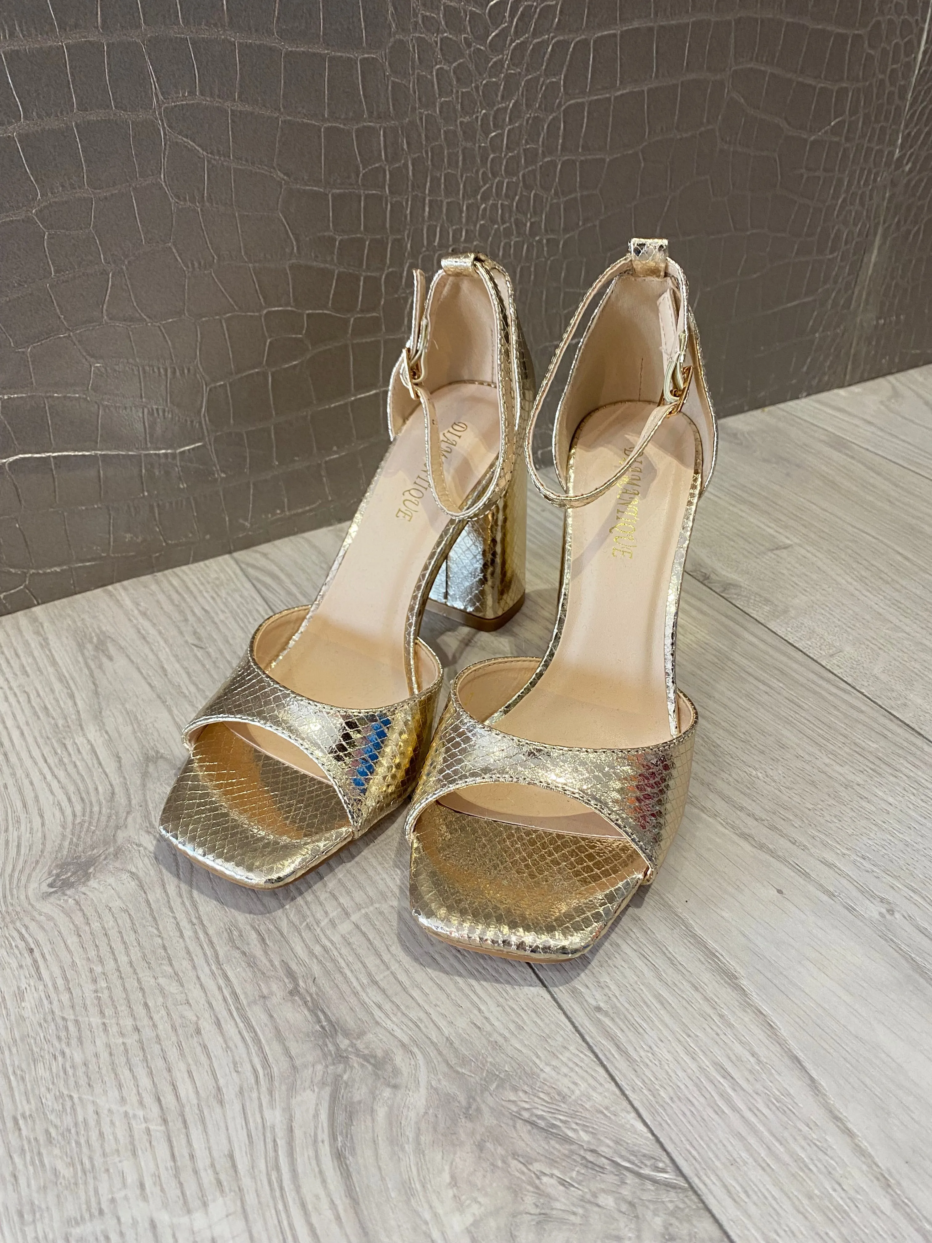 Inaya Shimmer Gold Block Heels