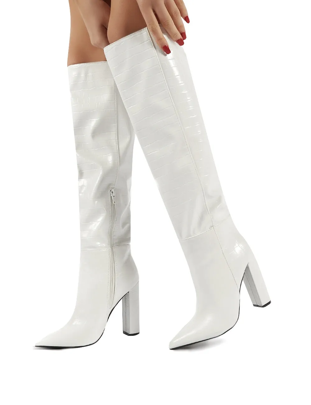 Indigo White Croc Block Heeled Knee High Boots