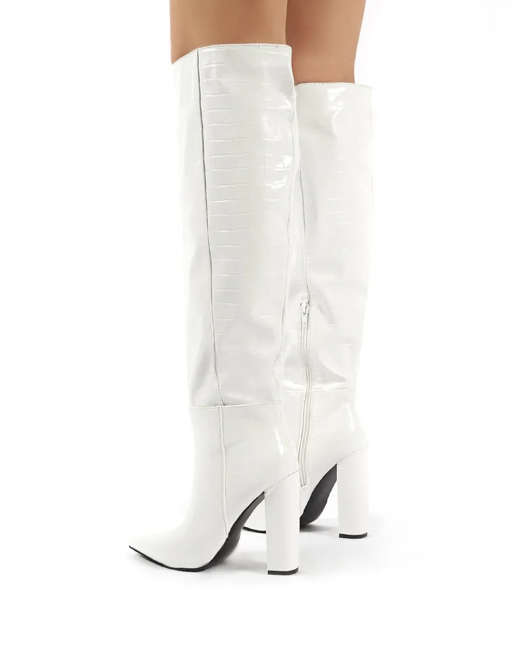 Indigo White Croc Block Heeled Knee High Boots