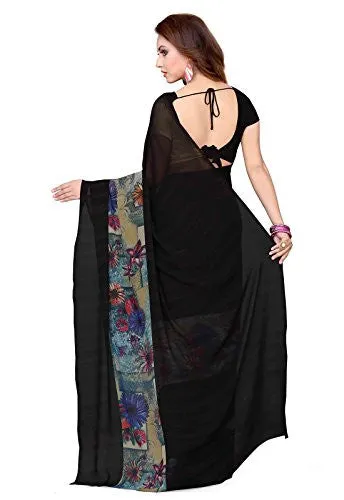 Ishin Faux Georgette Black Floral Printed Women's Saree.