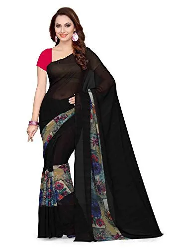 Ishin Faux Georgette Black Floral Printed Women's Saree.