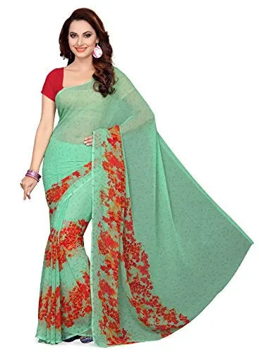 Ishin Faux Georgette Green Floral Printed Women's Saree.