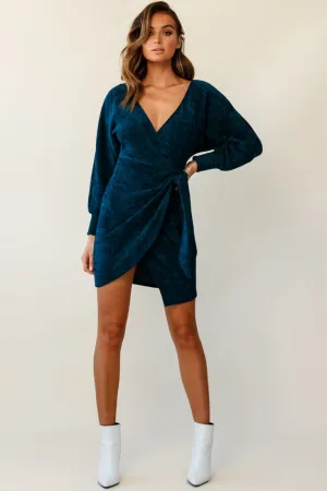 Isolde Ribbed Velour Wrap Dress Teal