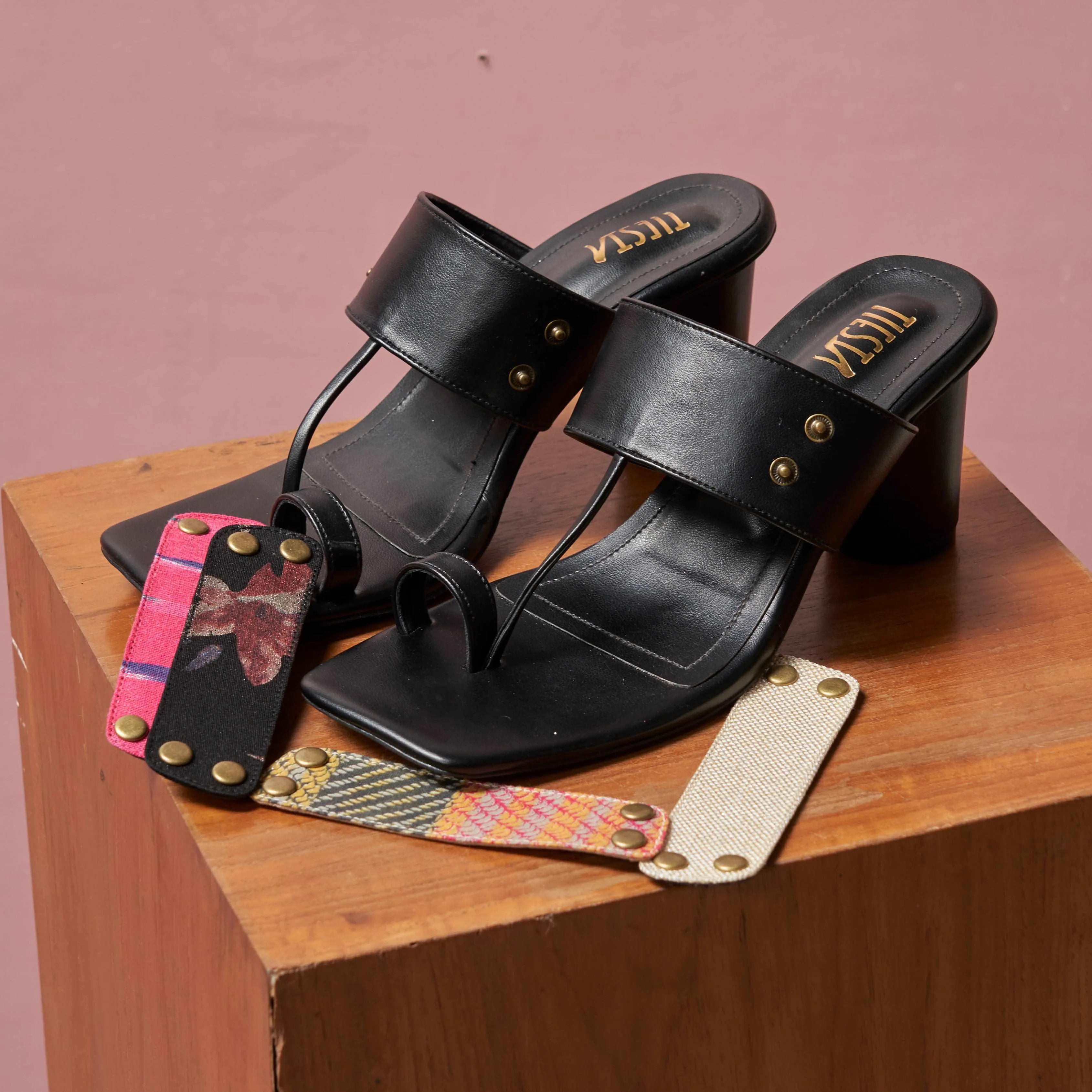 Kolas - Black Kolhapuri Block Heels with Changeable Straps