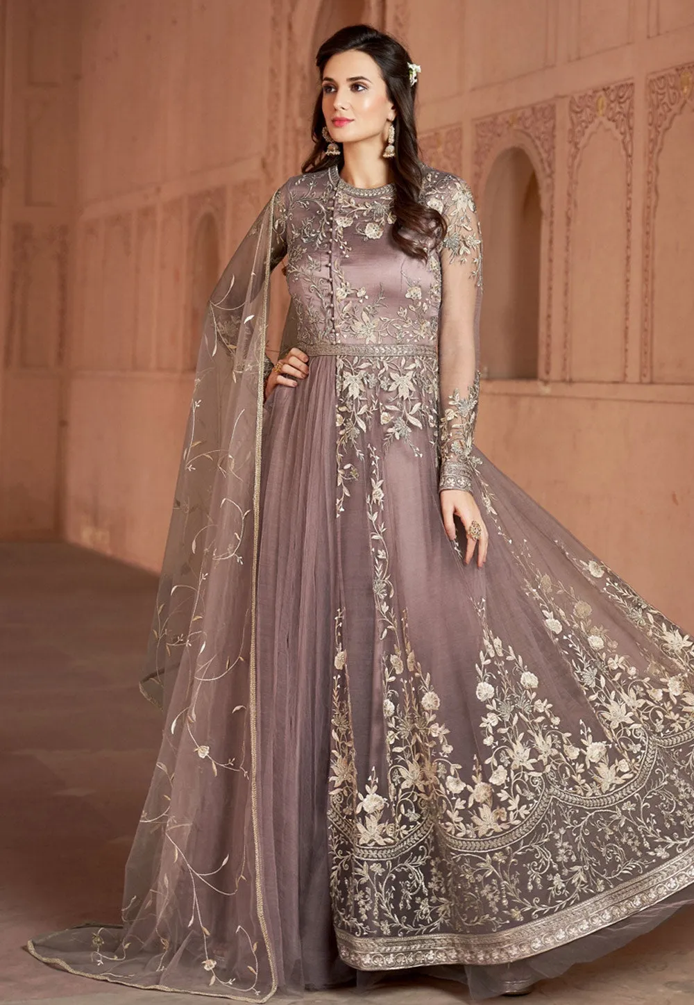 Light Purple Multi Embroidered Net Anarkali Suit