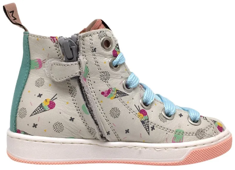 MAA Girl's Grey Pastel Leather Ice Cream Print Lace Up High Top Sneakers