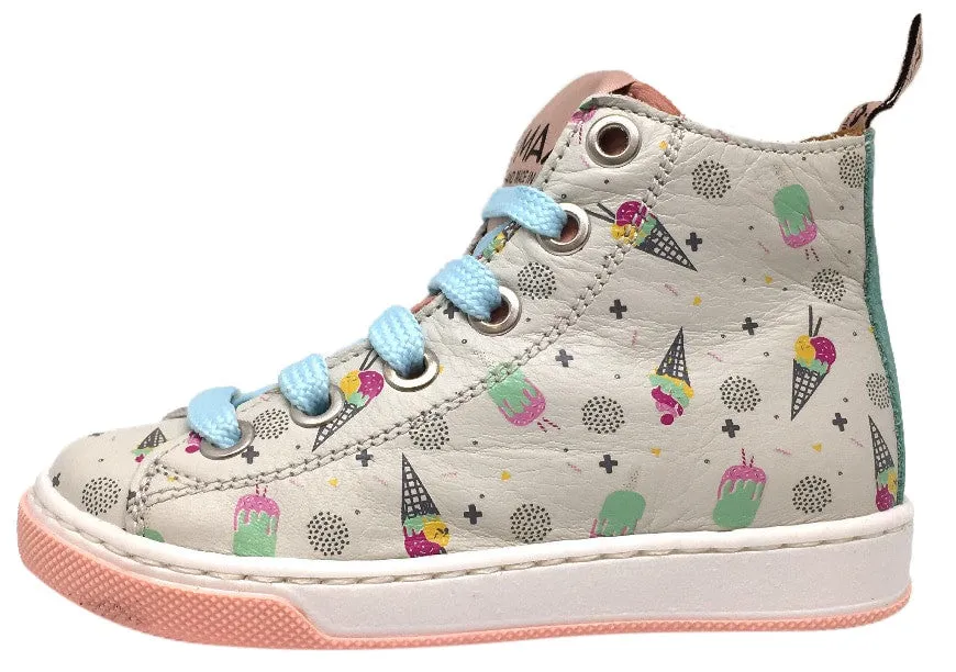 MAA Girl's Grey Pastel Leather Ice Cream Print Lace Up High Top Sneakers