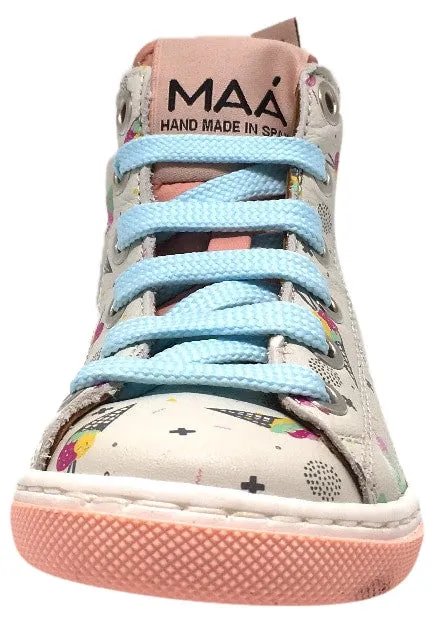 MAA Girl's Grey Pastel Leather Ice Cream Print Lace Up High Top Sneakers