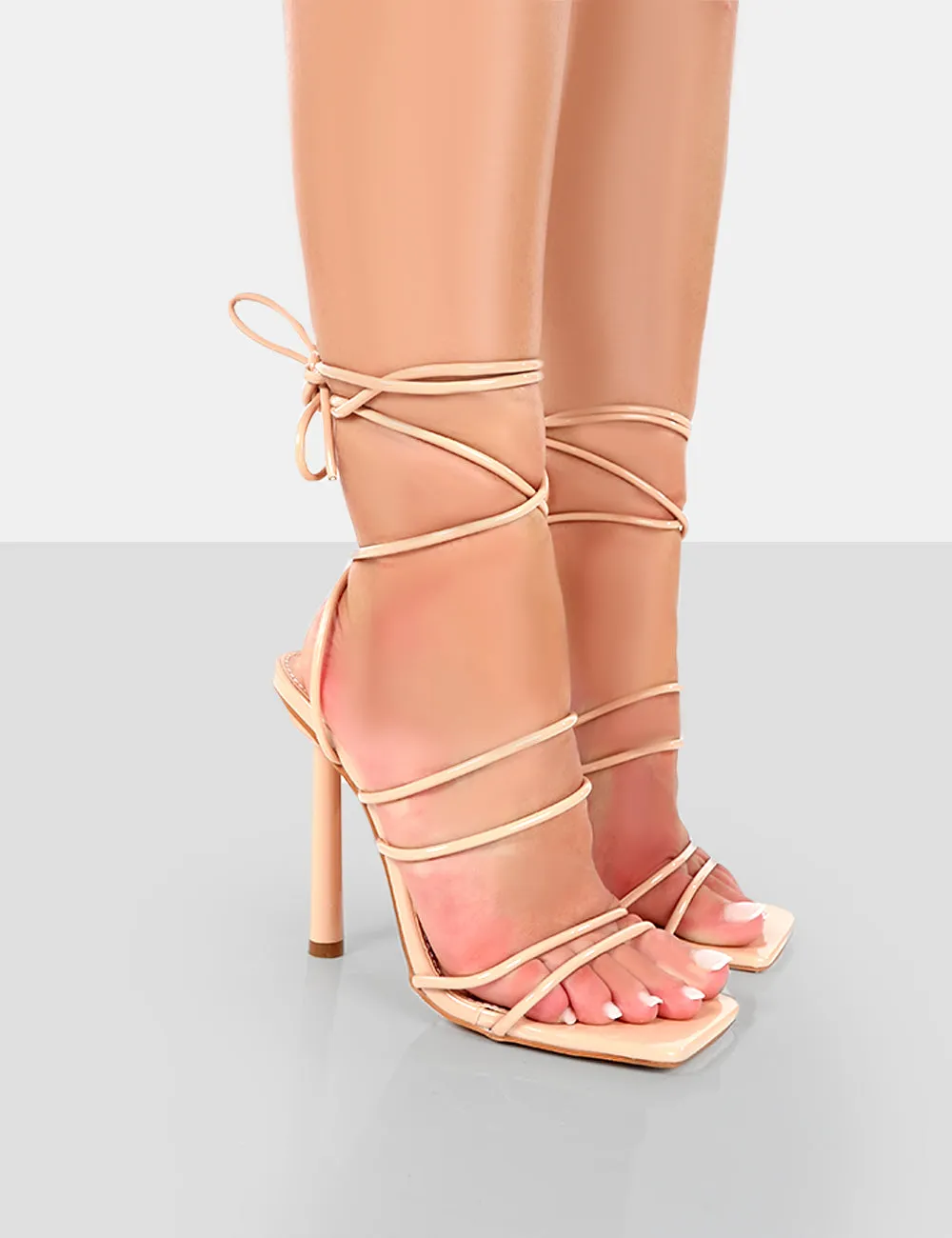 Make Way Nude Patent Strappy Lace Up Square Toe Stilettos