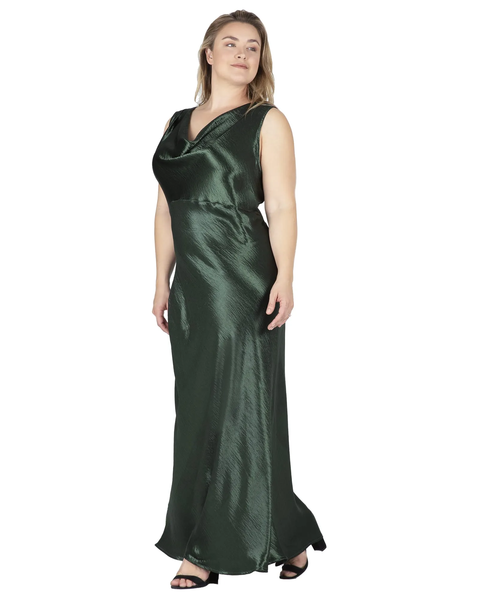 Marilyn Cowl Neck Satin Maxi Dress | Green