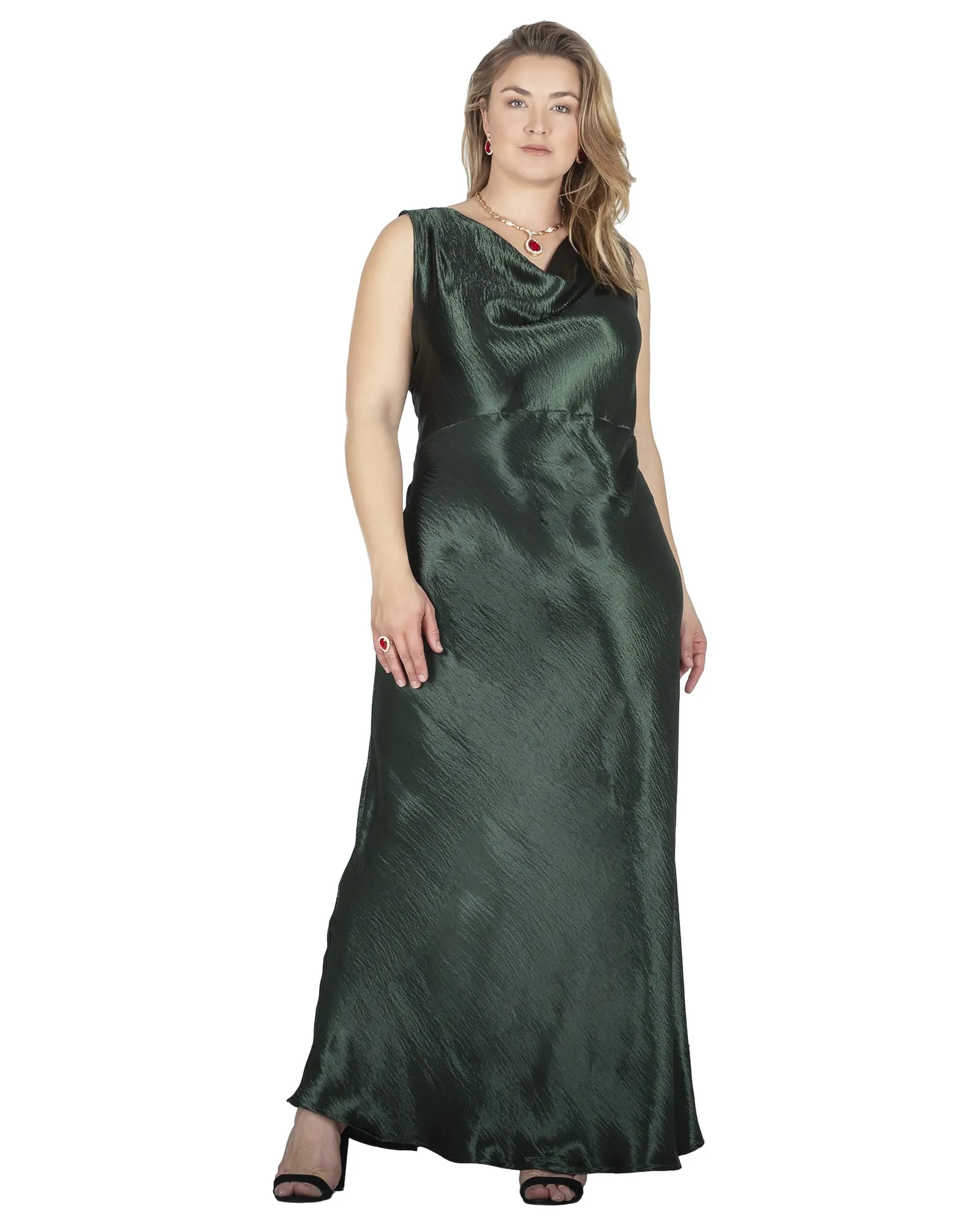 Marilyn Cowl Neck Satin Maxi Dress | Green