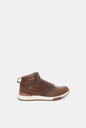 Men Brown Material Block High Top Sneakers