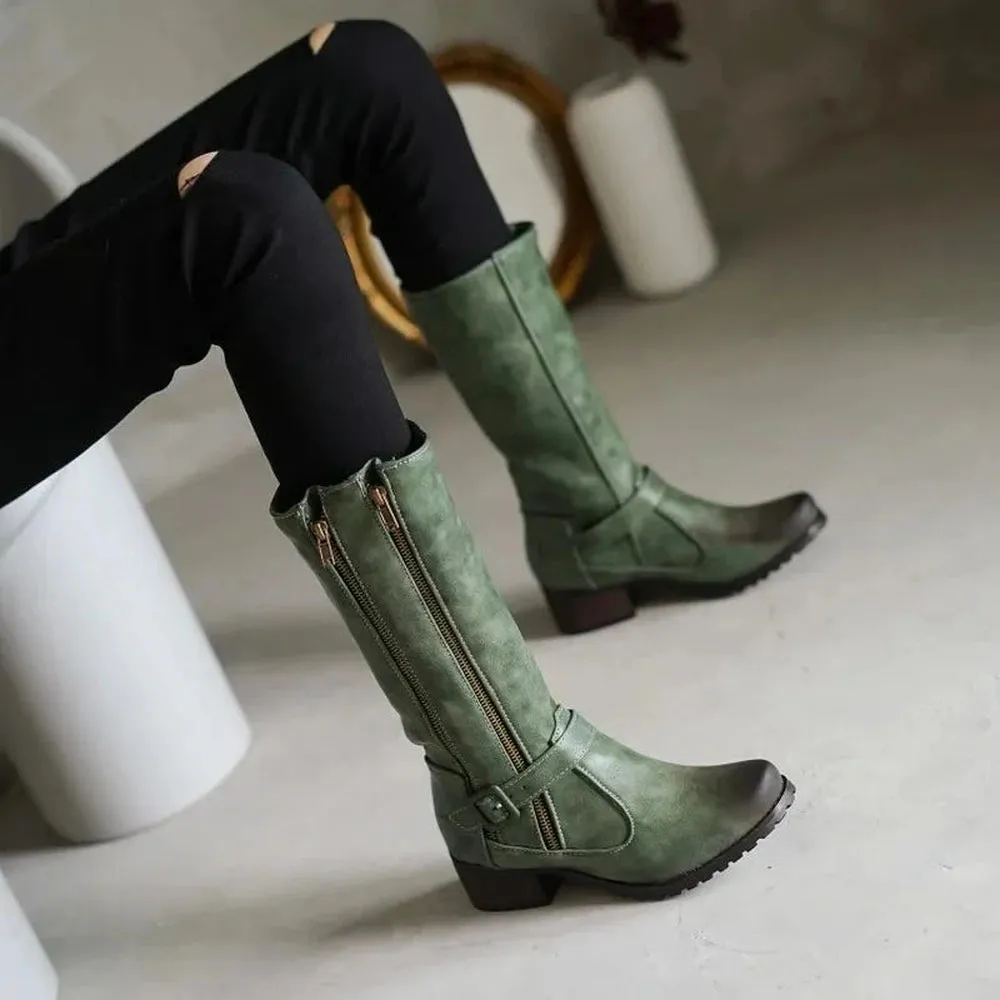 Merendy Santé Cat Reign Zipper Block Low Heel Green Wide-Calf Boots