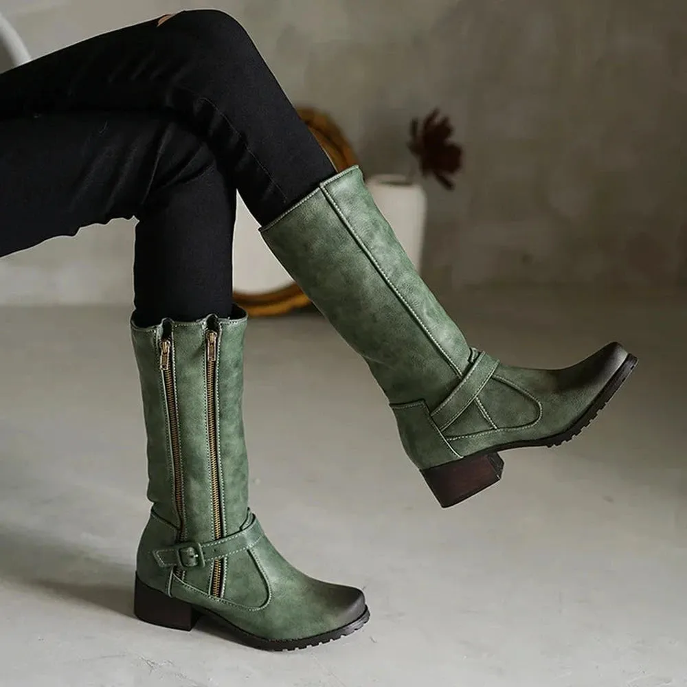 Merendy Santé Cat Reign Zipper Block Low Heel Green Wide-Calf Boots