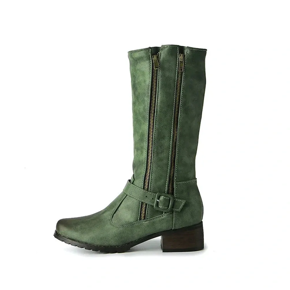 Merendy Santé Cat Reign Zipper Block Low Heel Green Wide-Calf Boots