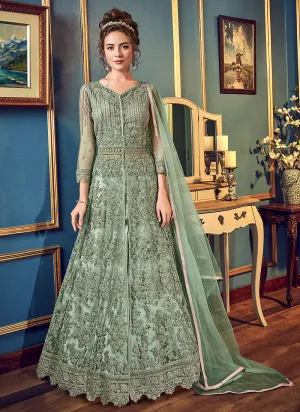 Mint Green Multi Embroidered Slit Style Anarkali Lehenga Suit